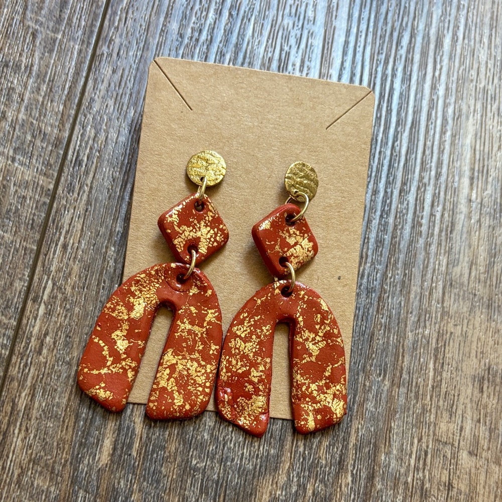 Handmade Polymer Clay Terracotta & Gold Leaf Arch Drop Earrings- Women’s Jewelry